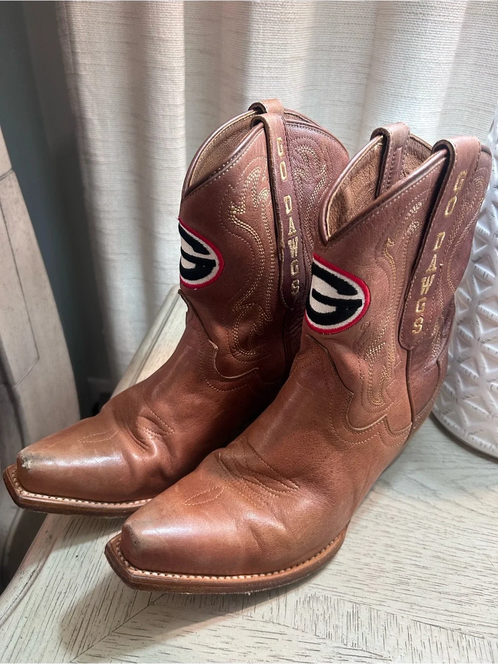 Brown Leather Western Ankle Boots with Team Patch